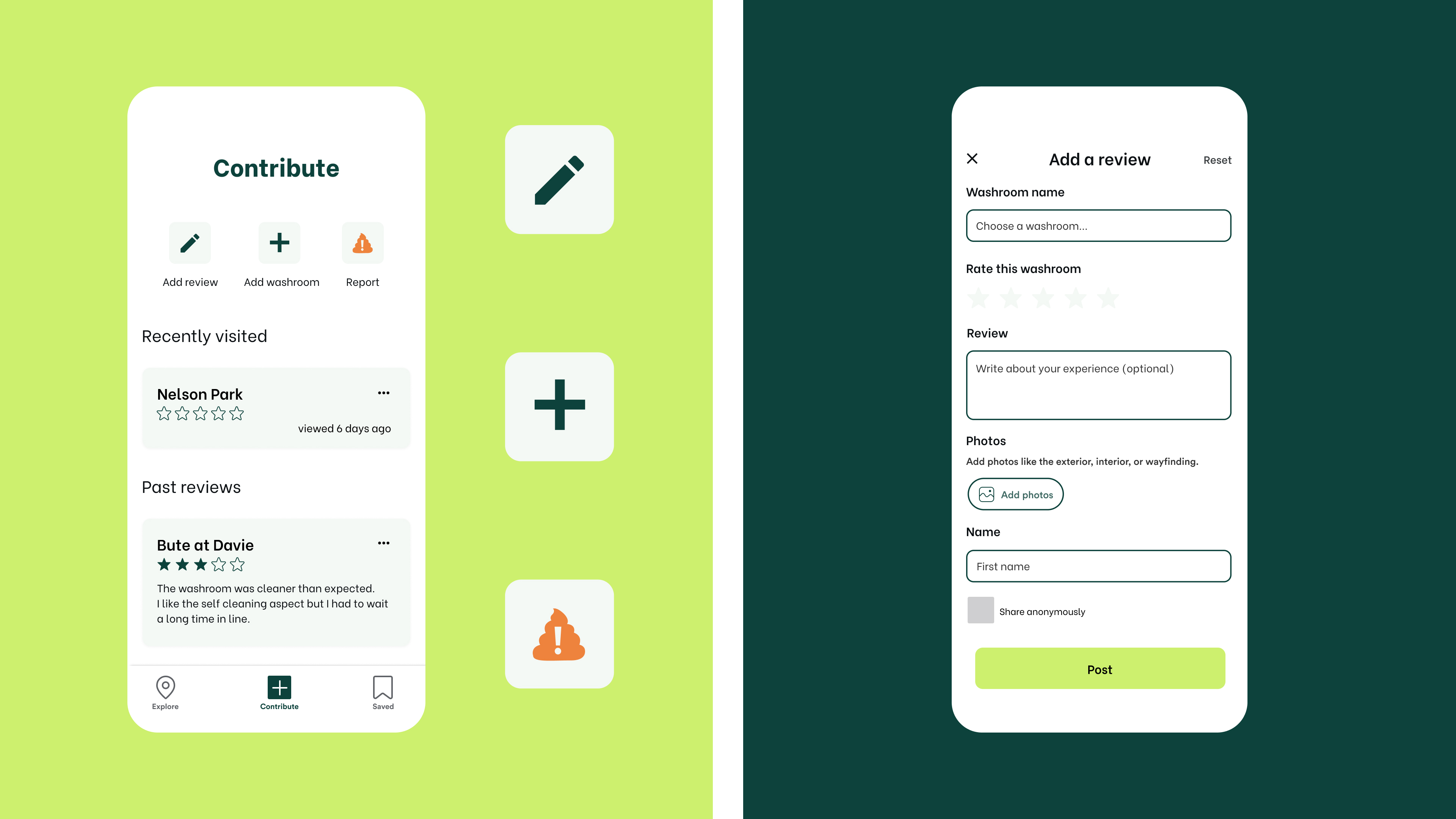 The first phone screen showing the contribute screen. The second phone screen showing the form to add a bathroom review.