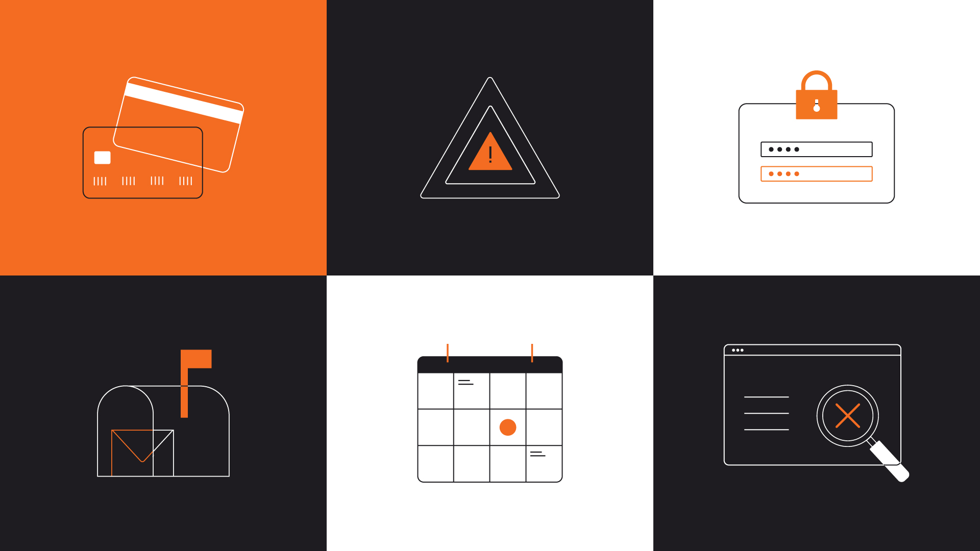 six vector line drawn illustrations depicting icons (credit cards, warning sign, password protected log in, mail box, calendar and 404 page.)