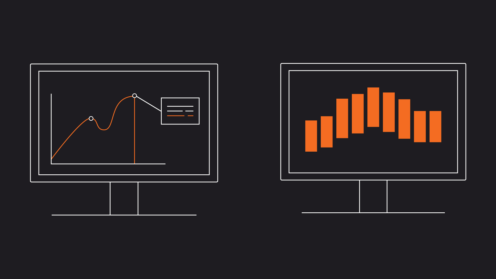 vector line drawing illustrations of two computers showing data on a black background.